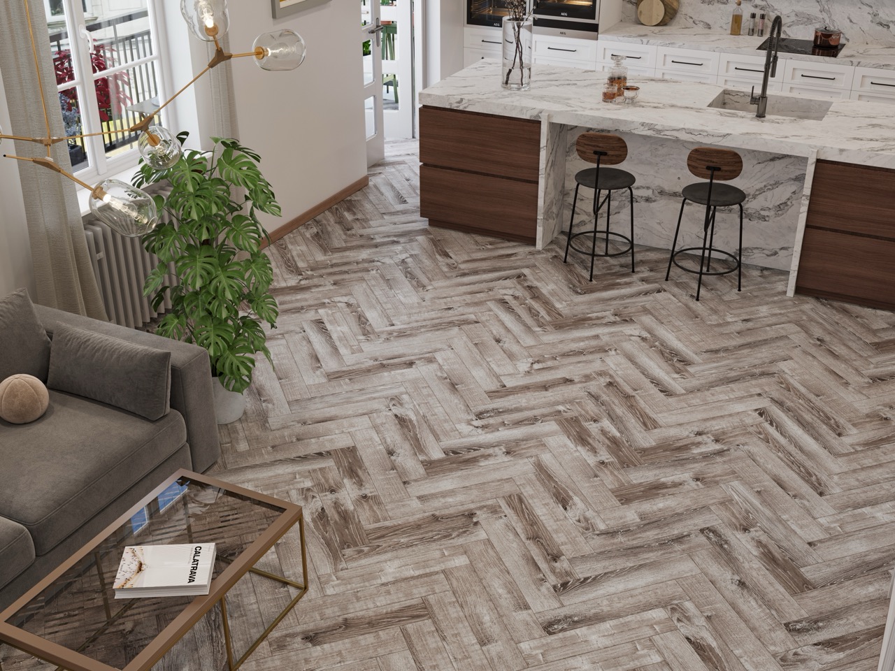Кварцвиниловый SPC ламинат Cronafloor Herringbone Дуб Тулон H009 венгерская елка 640×128×4,5 фото в интерьере